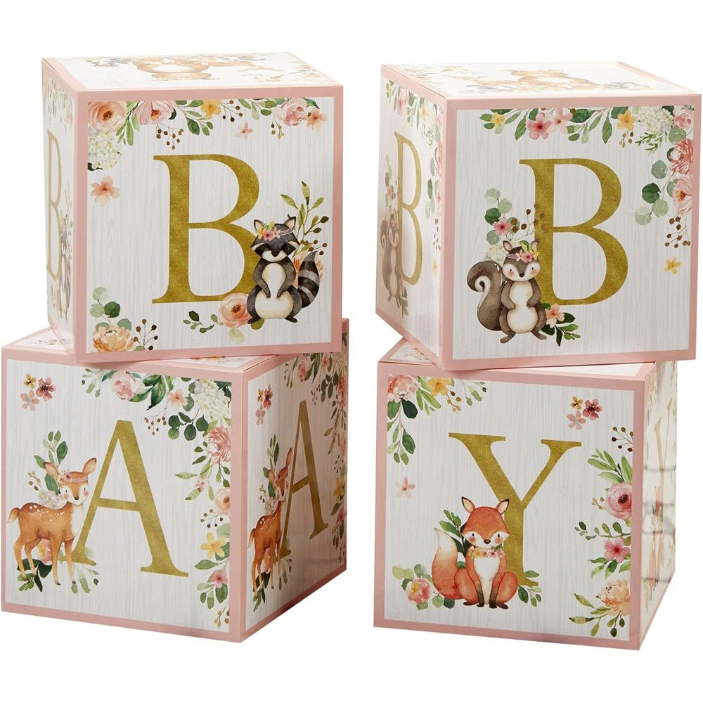 Kate Aspen Pink Woodland Baby Boxes front view with gold letters