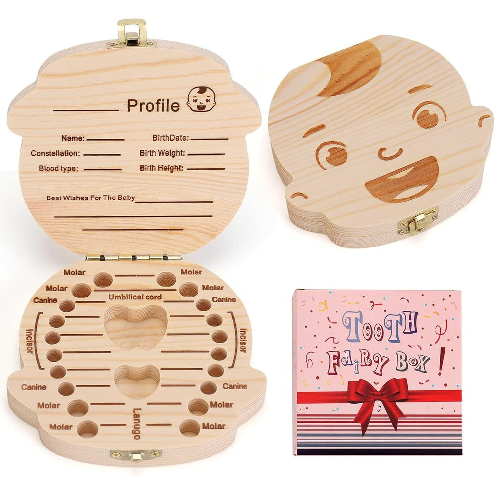 Nashrio Baby Tooth Box Wooden Kids Keepsake Organizer For Baby Teeth With Tweezers Boy Edition - Image 1