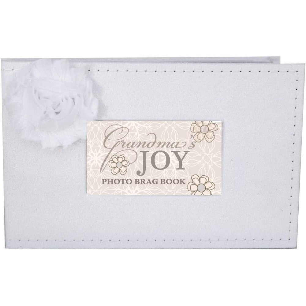 The Grandparent Gift Co. Grandmas Joy photo album front view showing white faux suede cover and flower accent