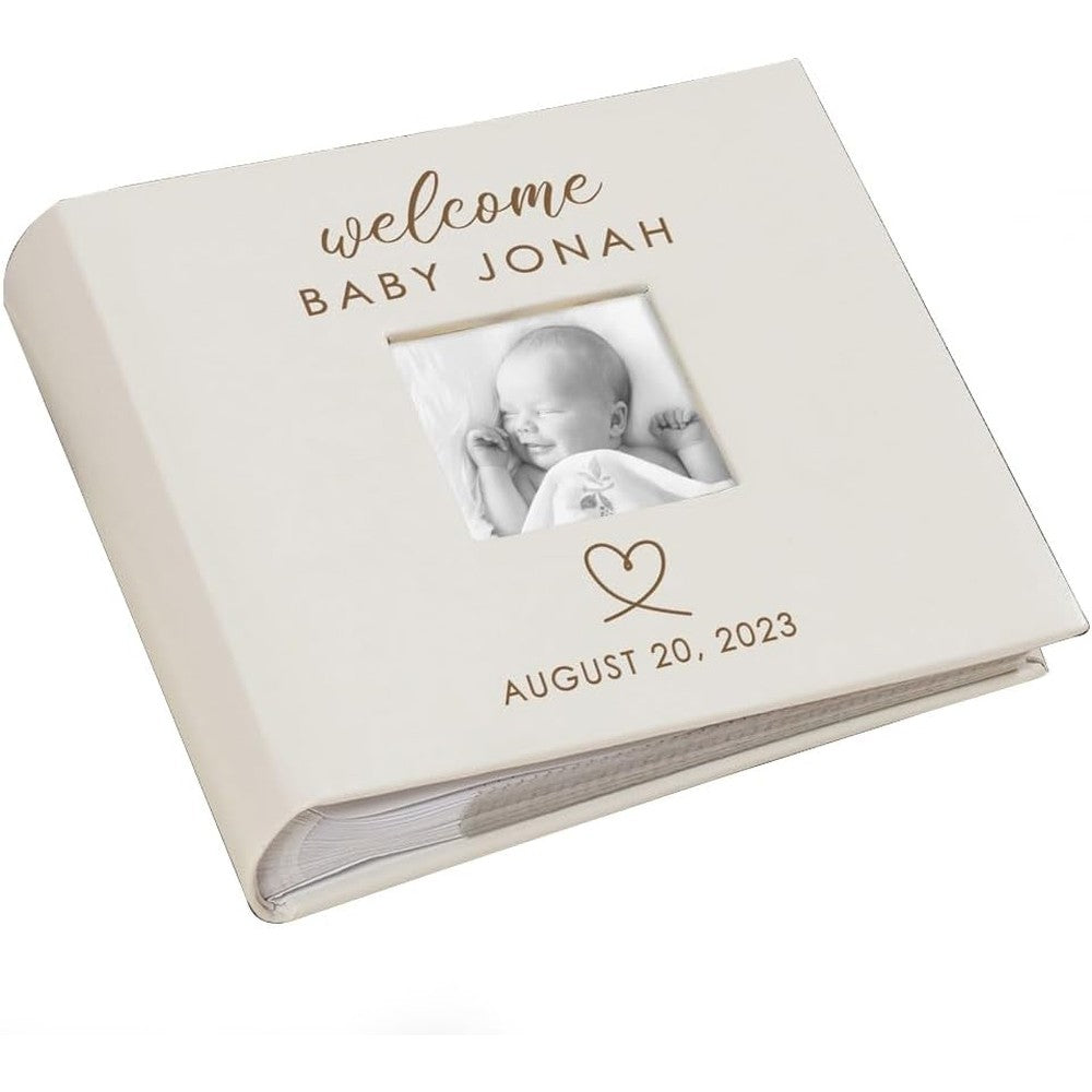 GiftsForYouNow Personalized Photo Album front view featuring cream leatherette cover and laser engraved heart design.
