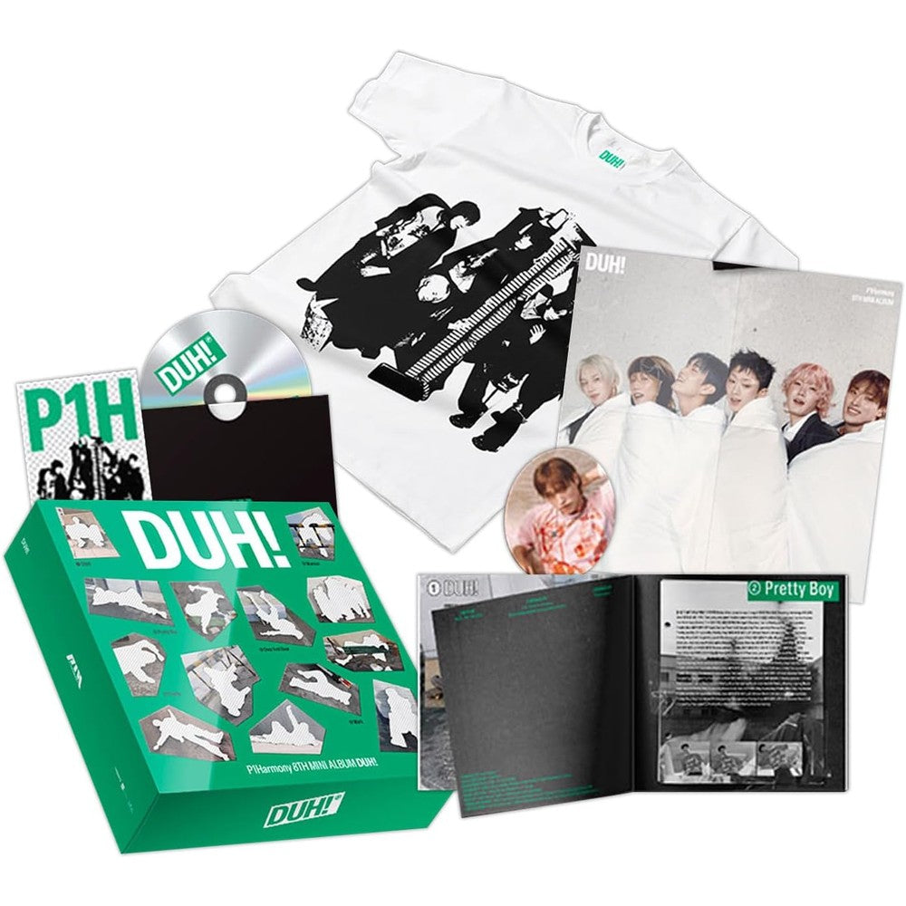 P1Harmony 8th Mini Album DUH Plain White T Version box set showing premium branded cotton t-shirt and photobook front view