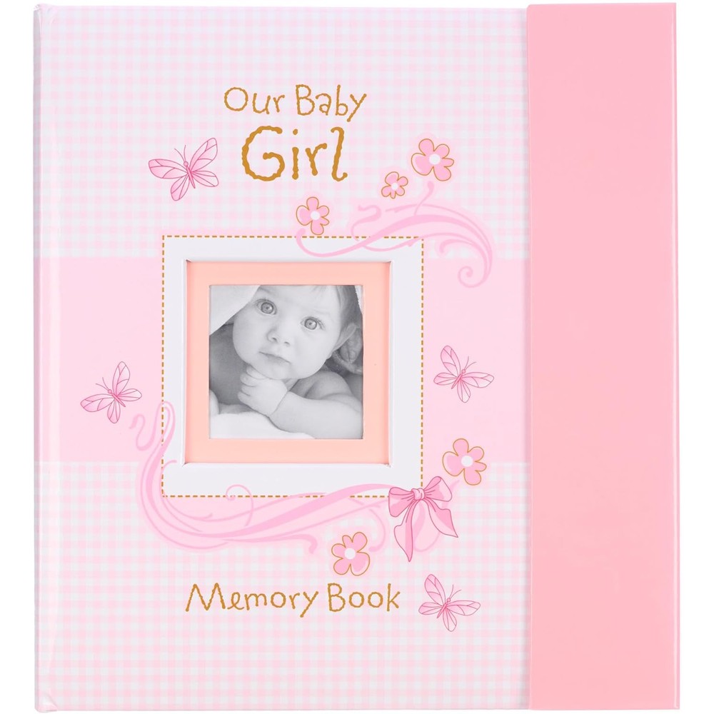 Christian Art Gifts girl baby book of memories pink front view displaying die-cut photo window