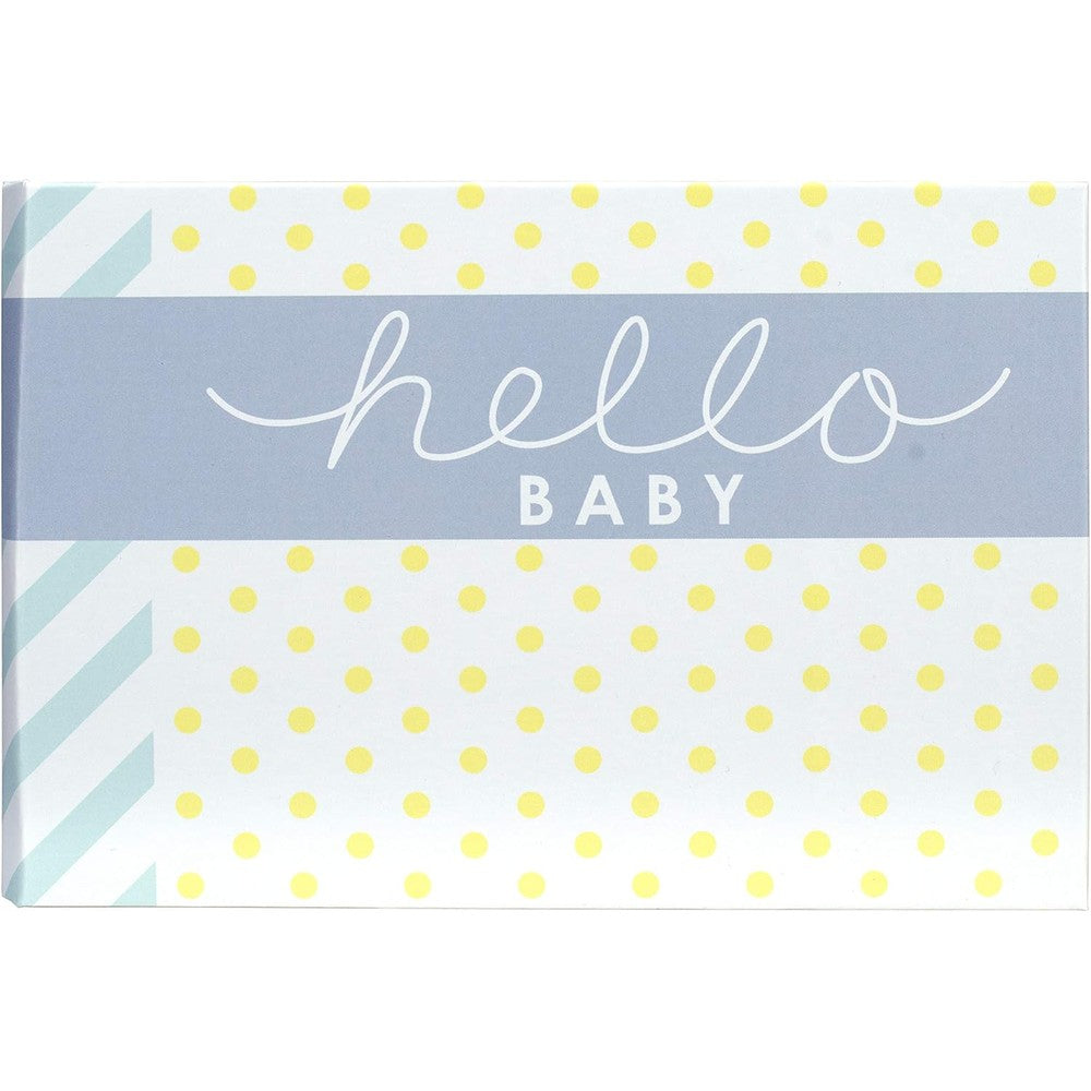 Malden International Designs Hello Baby Photo Album front view showing mint stripes and yellow polka dot cover