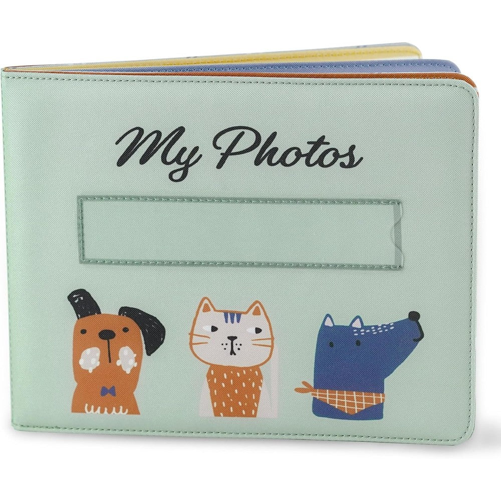 Fanna Baby soft cloth photo album front view showing light green cover with cartoon cat and dog patterns
