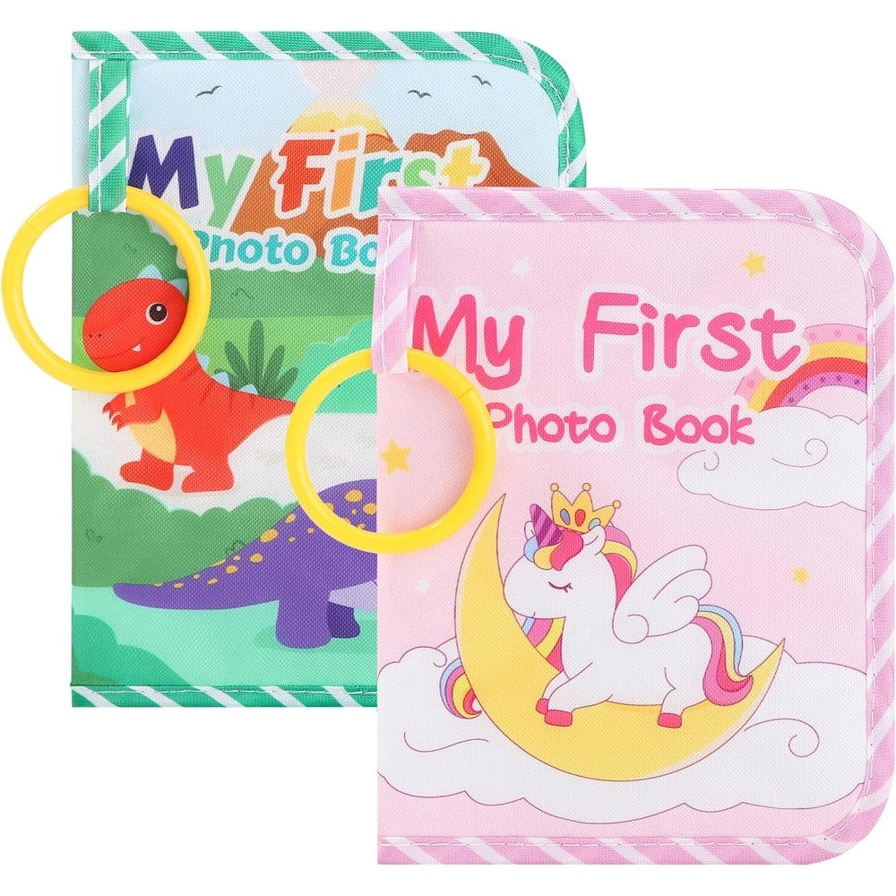 Rhoxshy soft cloth baby photo album set showcasing dinosaur and unicorn designs front view