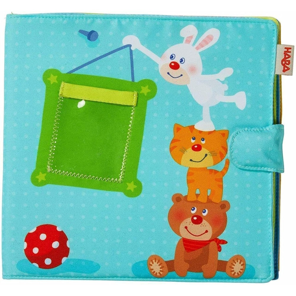 HABA My First Photo Album front view showing cute animal fabric cover