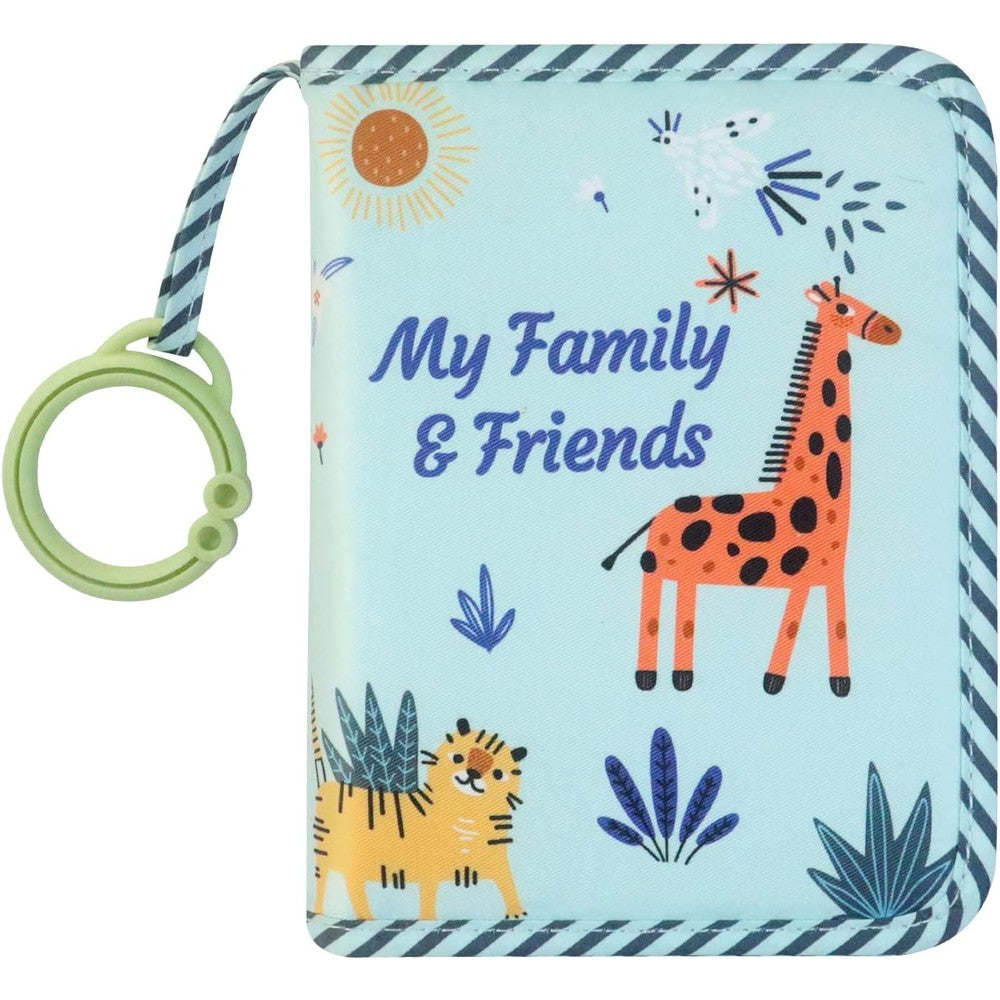 Boczif baby photo album front view showing blue cloth cover with giraffe and tiger design