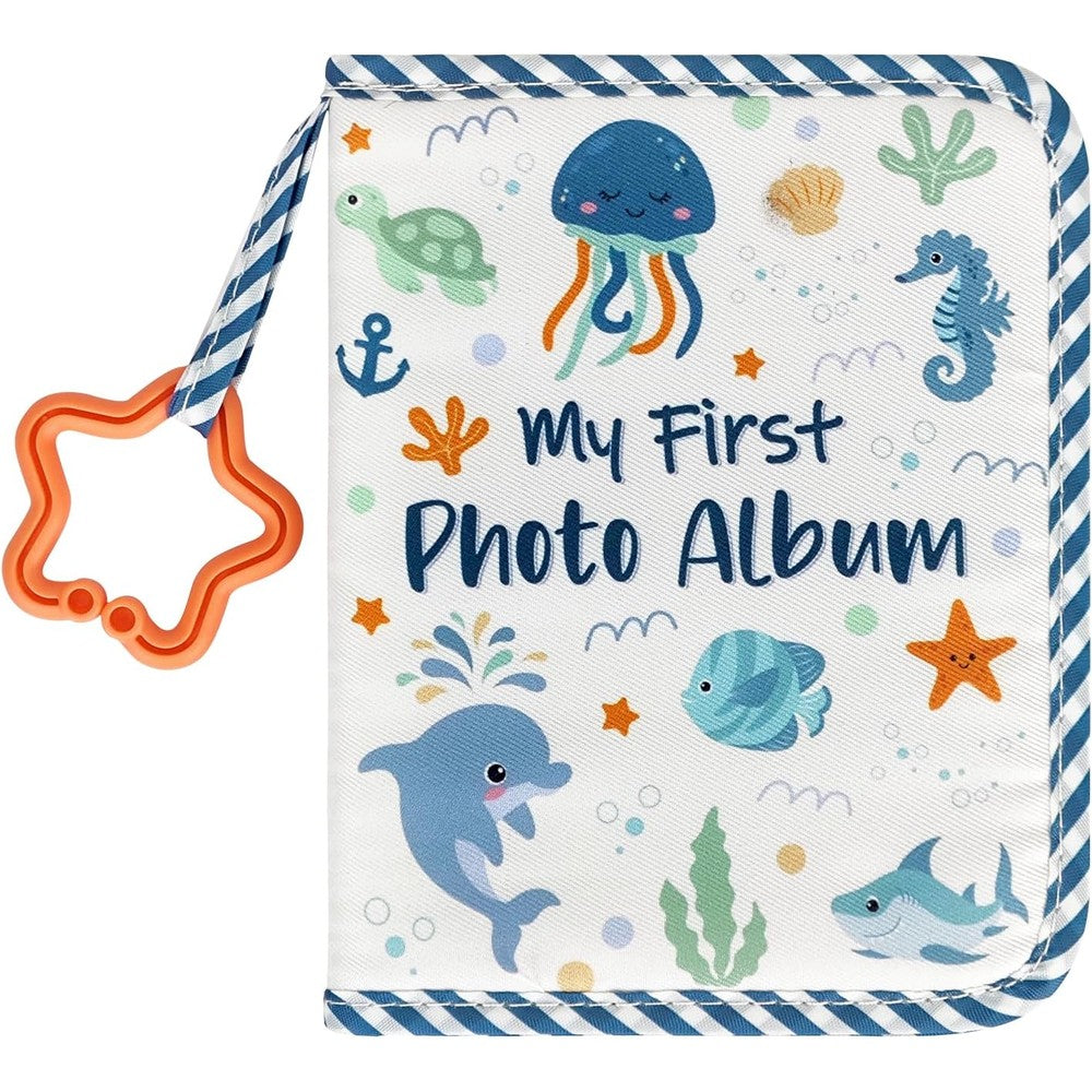HarvMax baby first family album soft cloth book front view showcasing the colorful ocean theme cover design.