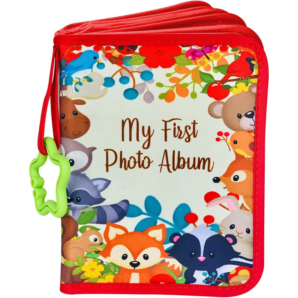 ToddleBee soft baby photo album front view featuring woodland animals and red border