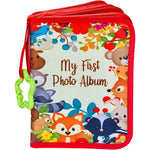 ToddleBee soft baby photo album front view featuring woodland animals and red border