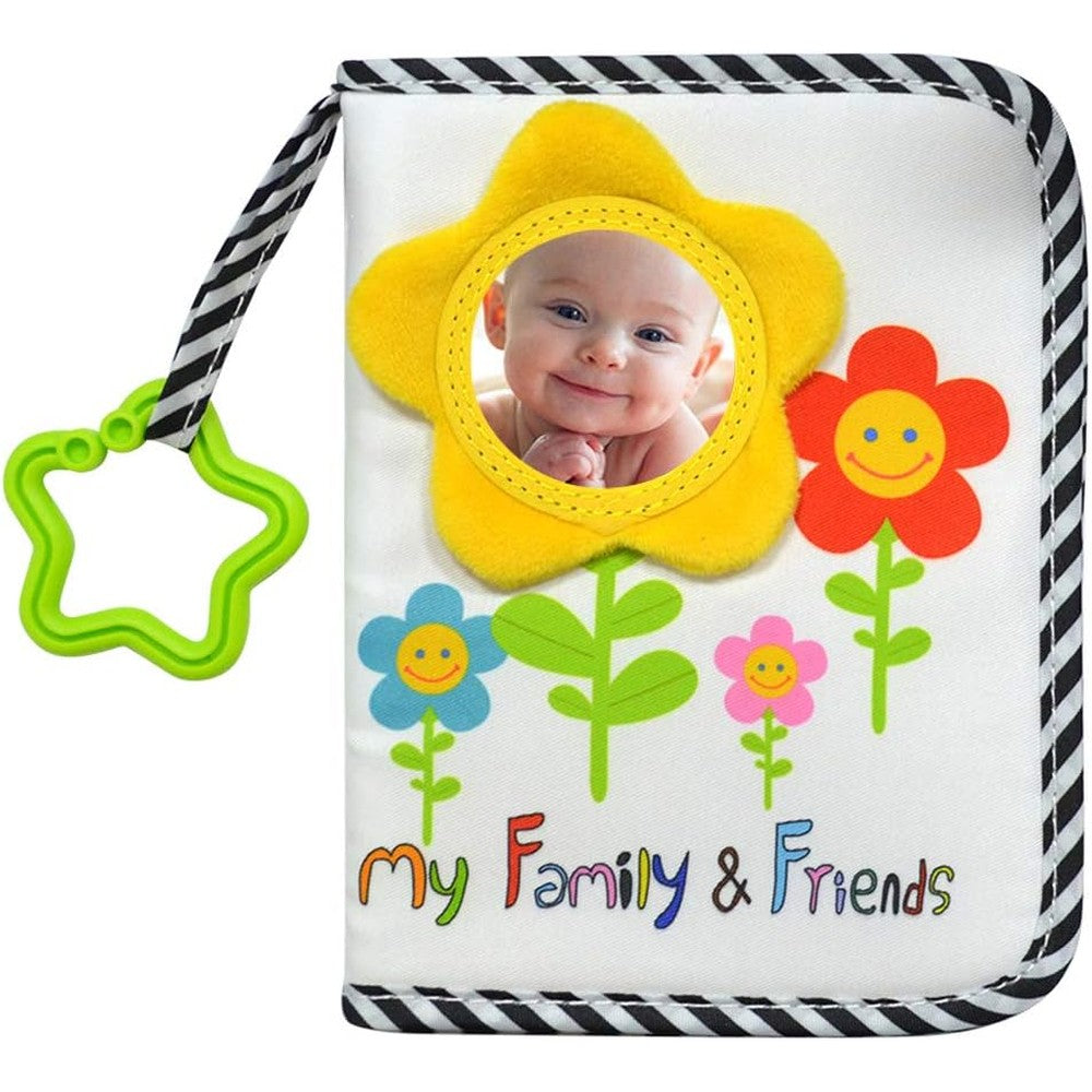 ABCKEY My Family and Friends baby photo album front view featuring plush sunflower mirror cover.