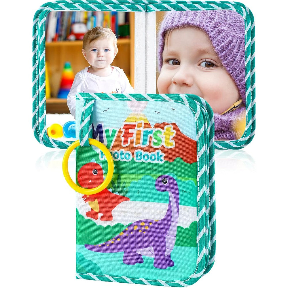 Reallnaive soft cloth baby photo album green dino front view showing cute dinosaur pattern cover