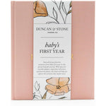 Duncan And Stone Paper Co baby first year book front view in dusty rose linen cover