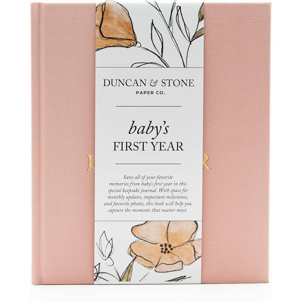 Duncan And Stone Paper Co baby first year book front view in dusty rose linen cover