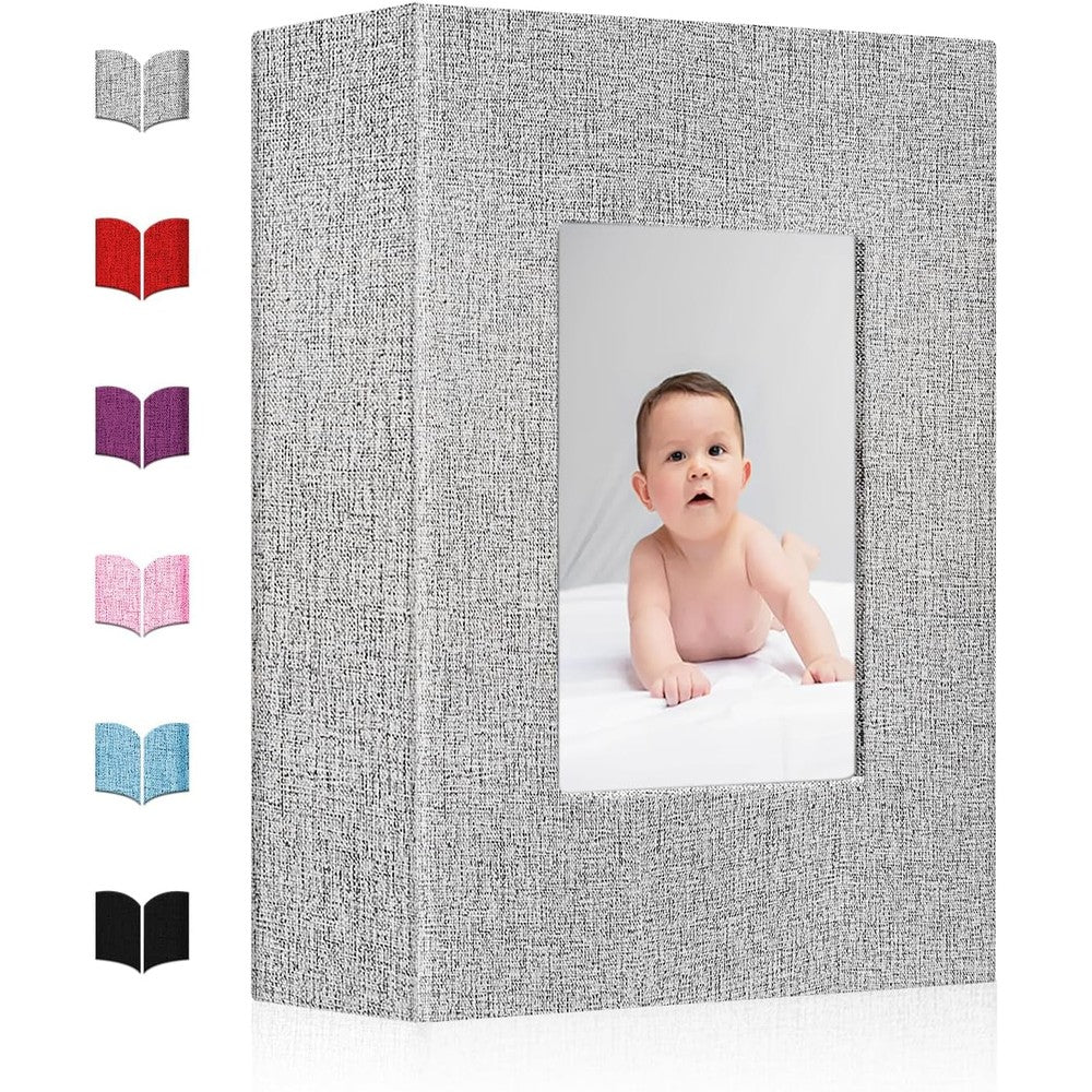 EJBLFE small photo album gray linen cover front view showing customisable display window
