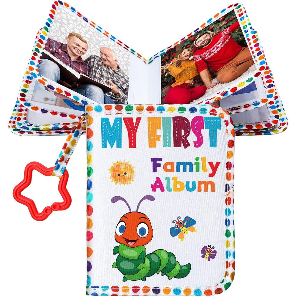 Fullhawl my first family baby photo album front view showing colorful caterpillar pattern cloth book.