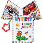 Fullhawl my first family baby photo album front view showing colorful caterpillar pattern cloth book.