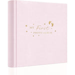Holoary baby photo album front view showing pink linen cover with gold hot stamping