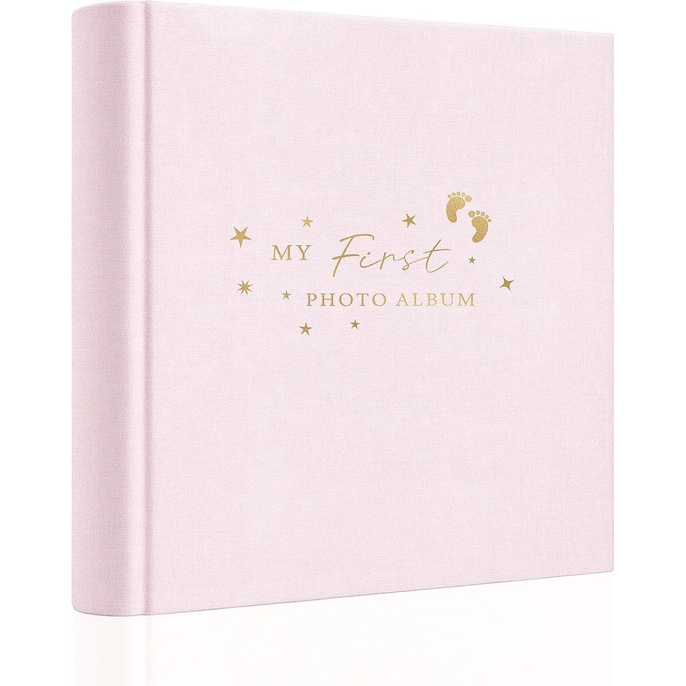 Holoary baby photo album front view showing pink linen cover with gold hot stamping