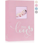 Lanpn Baby Photo Album front view showing pink linen cover and customizable window.