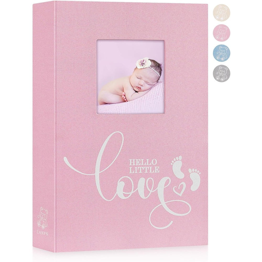 Lanpn Baby Photo Album front view showing pink linen cover and customizable window.