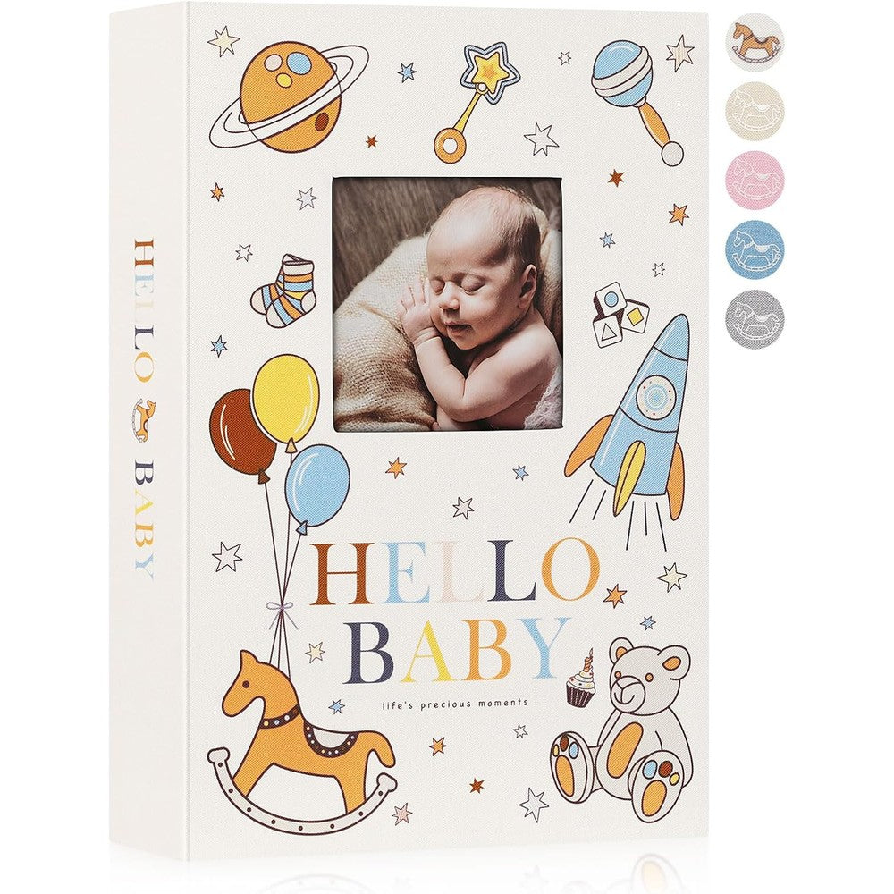 Lanpn Baby Photo Album pink linen front view showing cover photo window