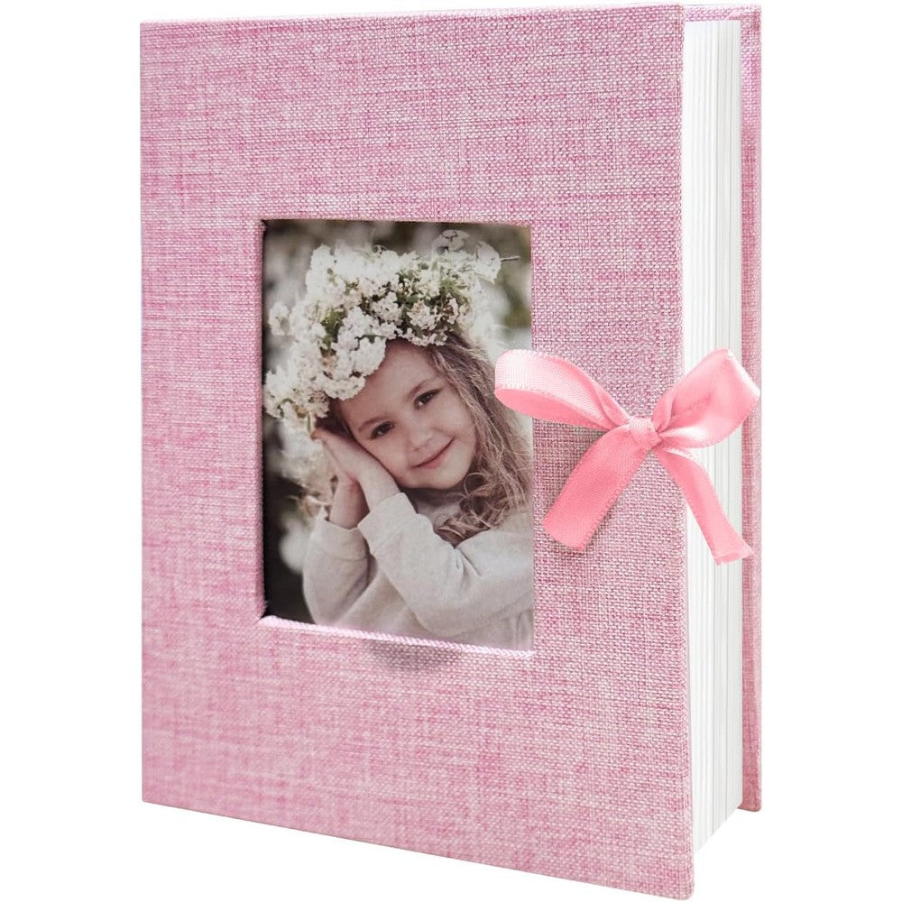 HenPisen Linen Photo Album front view featuring pink fabric cover and display window