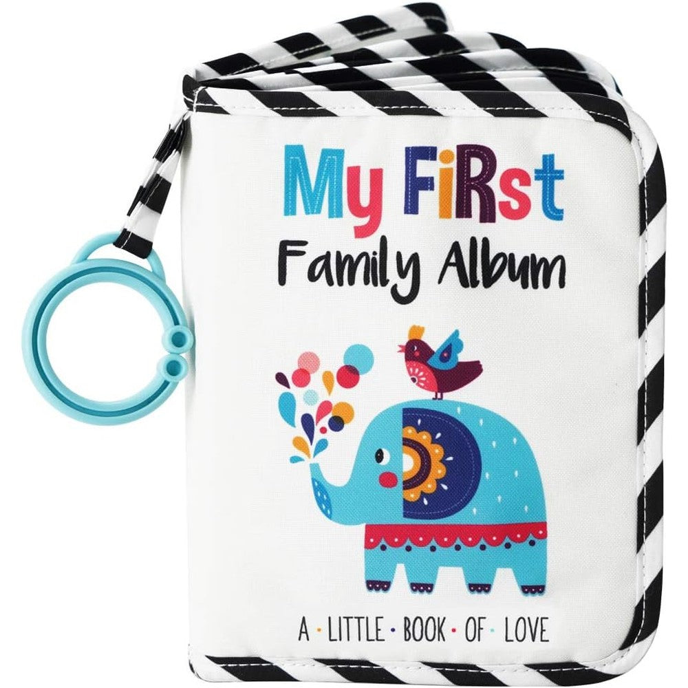 Urban Kiddy baby soft photo cloth book front view featuring blue elephant design