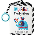 Urban Kiddy baby soft photo cloth book front view featuring blue elephant design