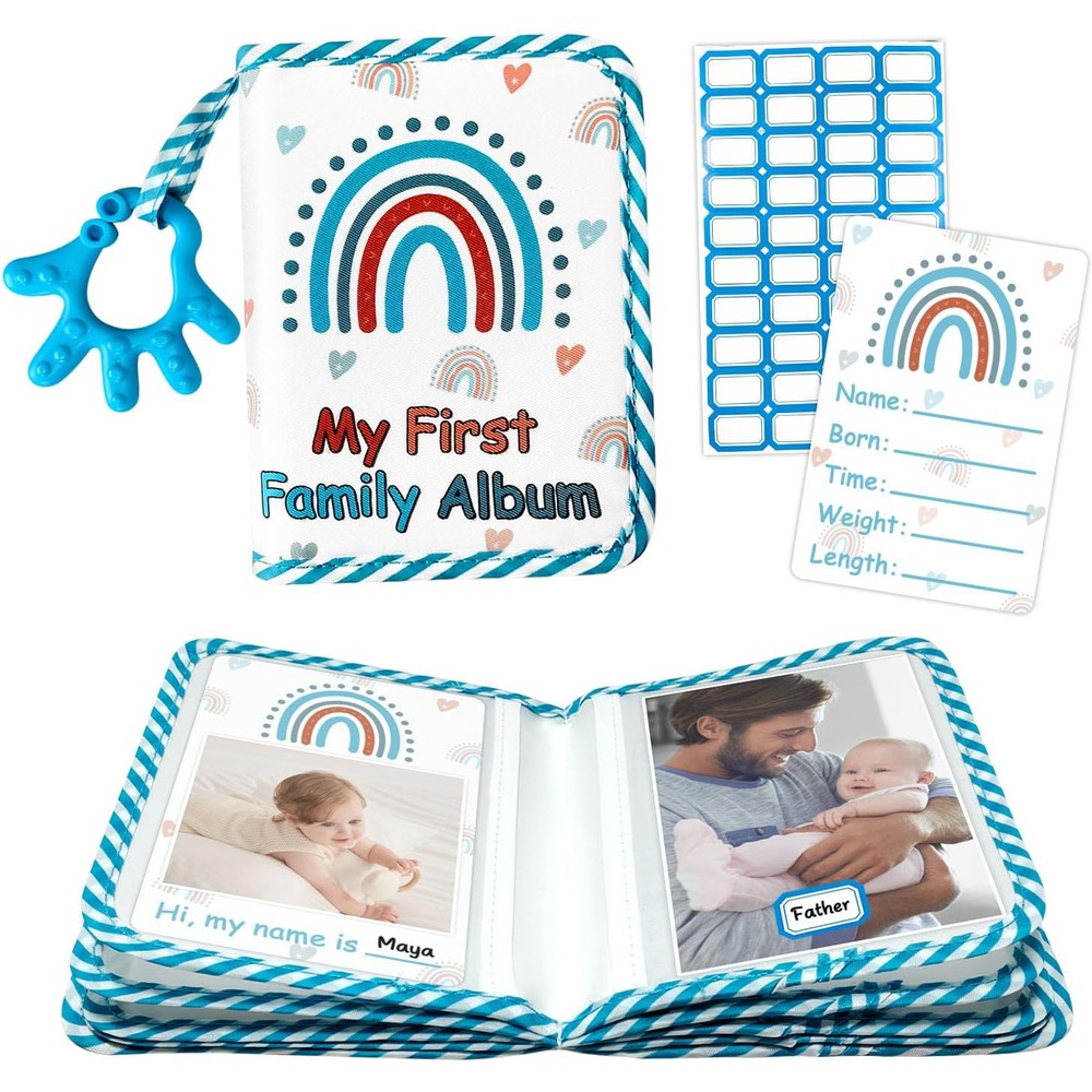 BOHEMIABY My First Family Photo Album front view showing blue hand design cloth cover.