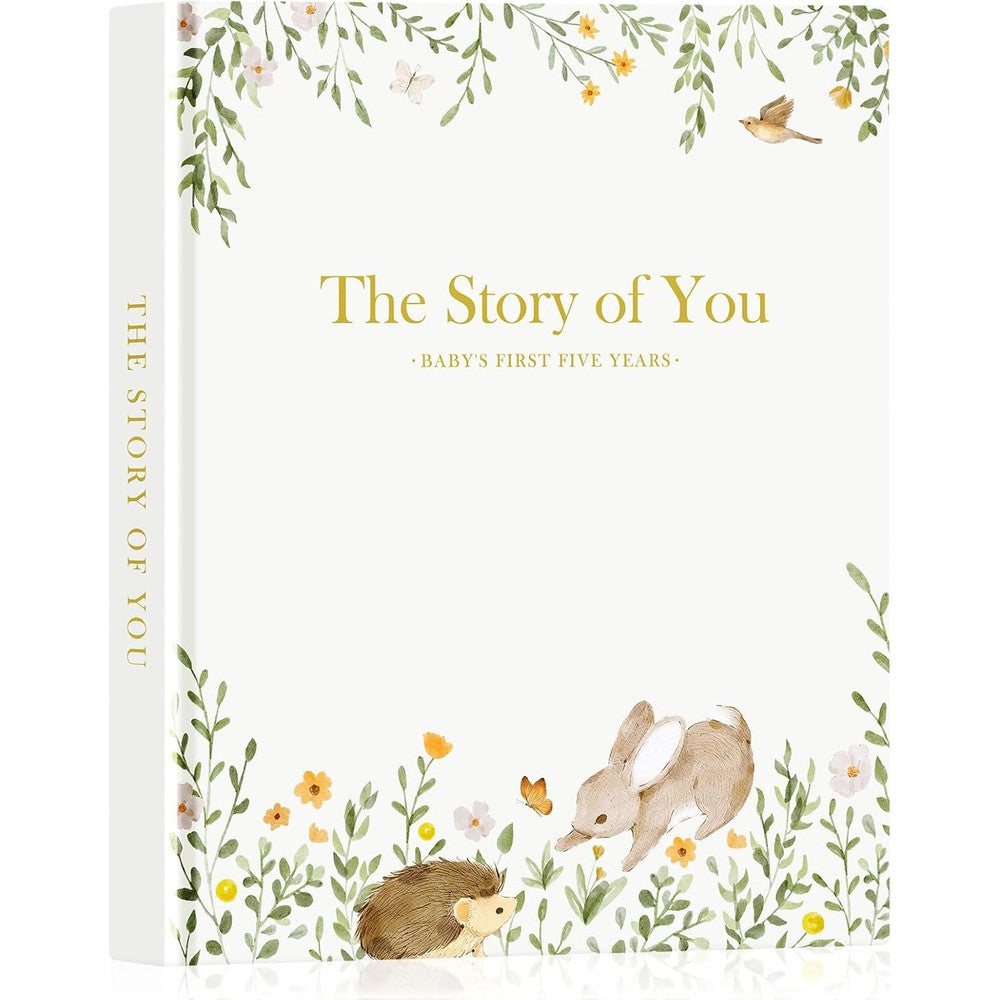 Lanpn Baby Memory Book front view showing the elegant leather cover with rabbit artwork