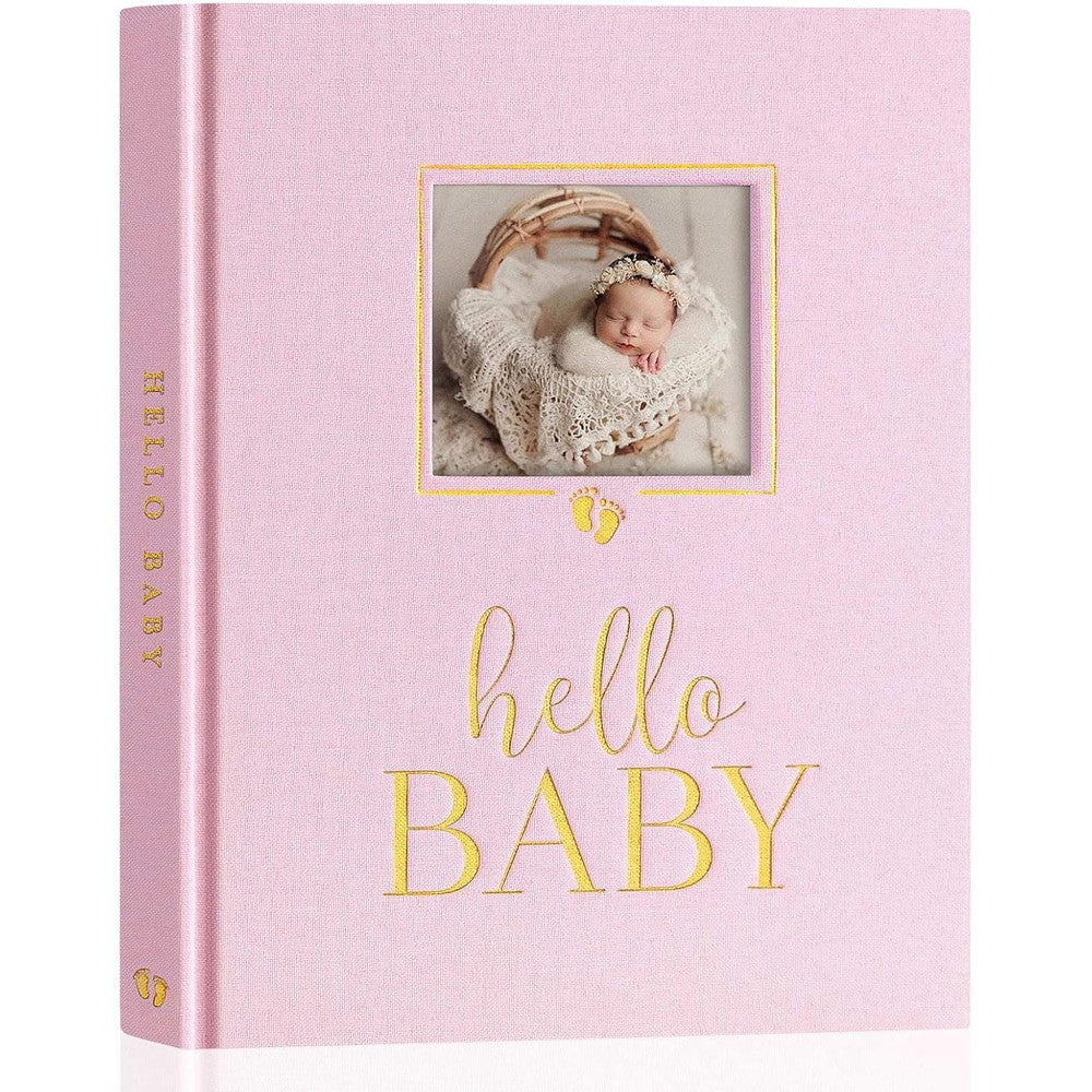 Lanpn Newborn Baby Memory Book front view showing pink linen cover and gold foil detailing.