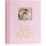 Lanpn Newborn Baby Memory Book front view showing pink linen cover and gold foil detailing.