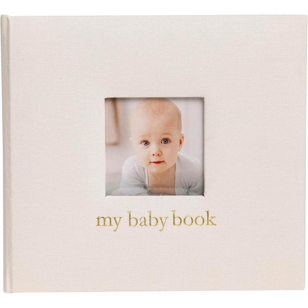 Pearhead Linen Baby Memory Book in ivory front view showing the gold foil lettering and photo insert window.