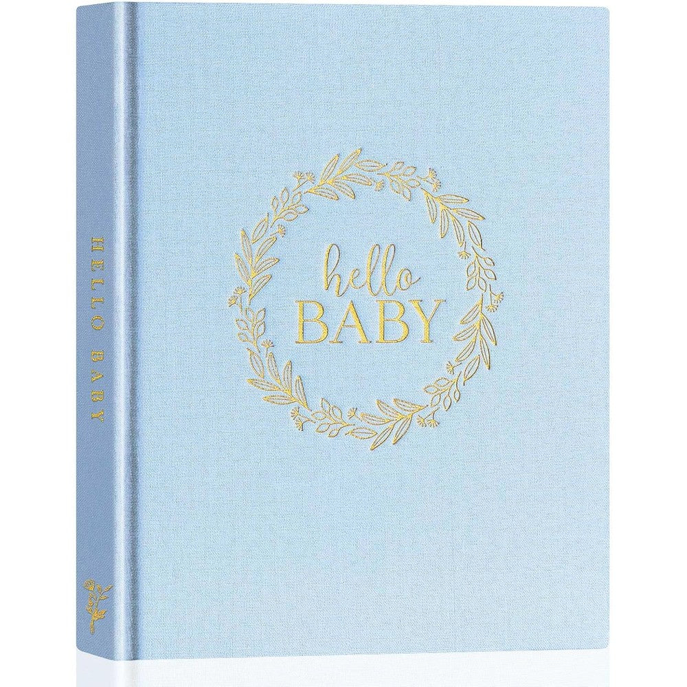 Lanpn Hello Baby Memory Book front view showing blue linen cover with gold foil embossing