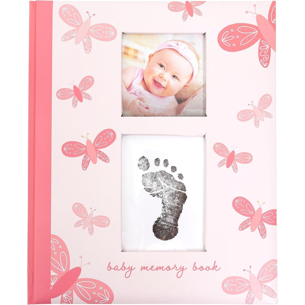 Little Blossoms Butterfly Baby Memory Book front view showing pink butterfly pattern cover and photo window