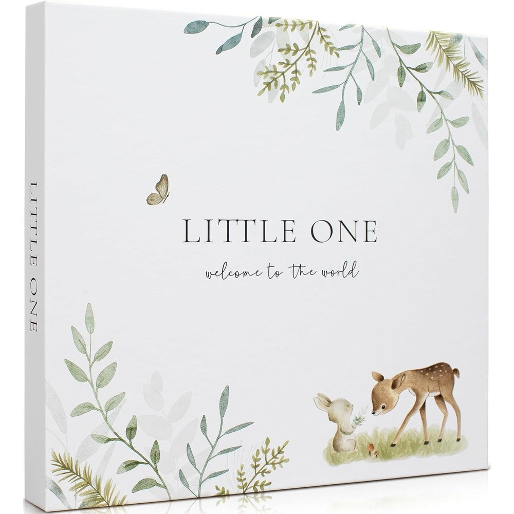 Zicoto Keepsake Baby Memory Book front view showing woodland theme cover.