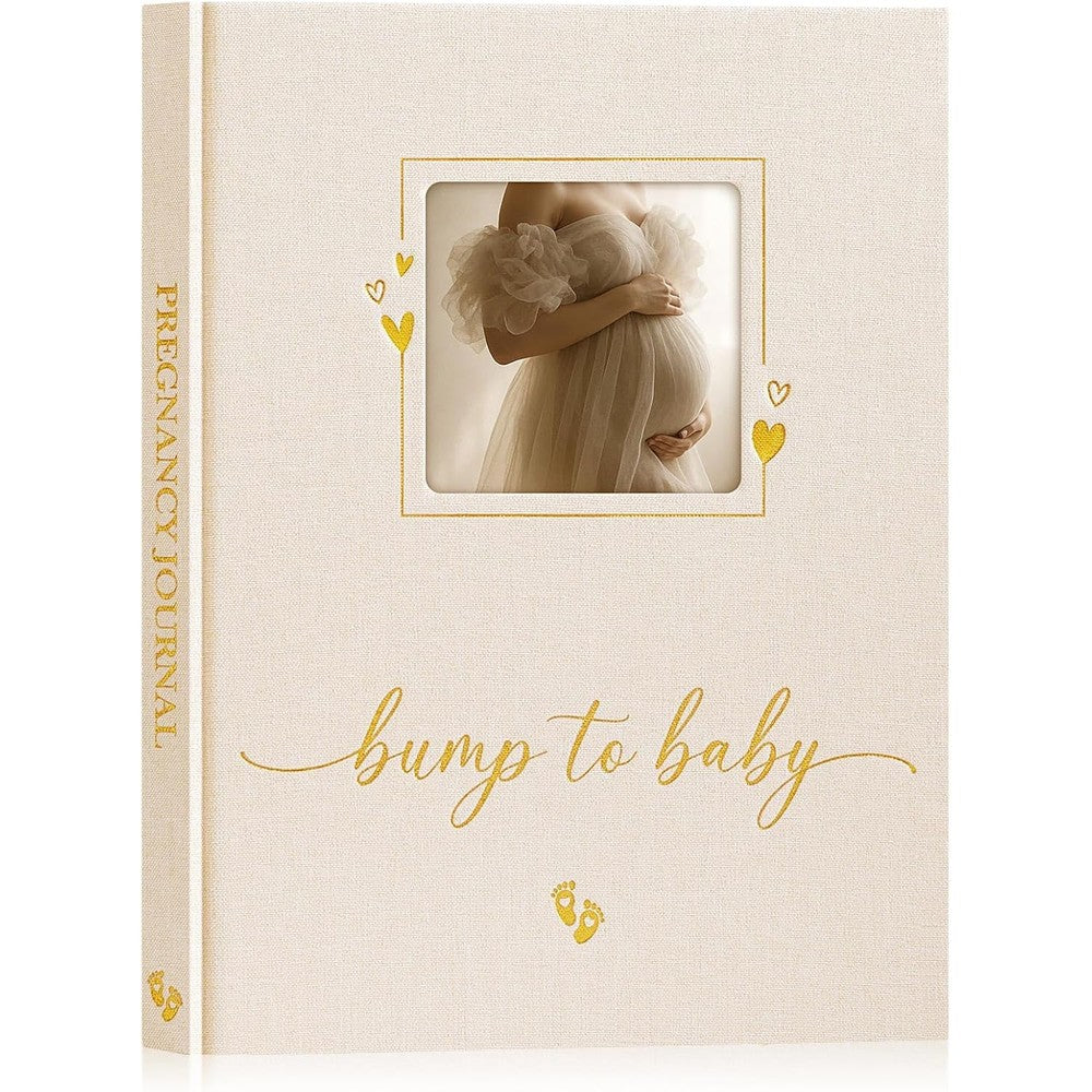 Lanpn My Pregnancy Journal Memory Book front view showing elegant beige linen cover with gold foil text.