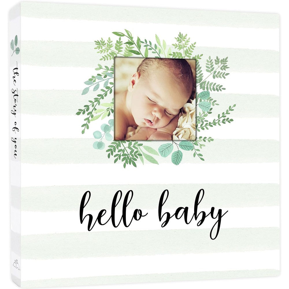 Two Little Dinos baby memory book front cover with green botanical illustrations and photo frame window.