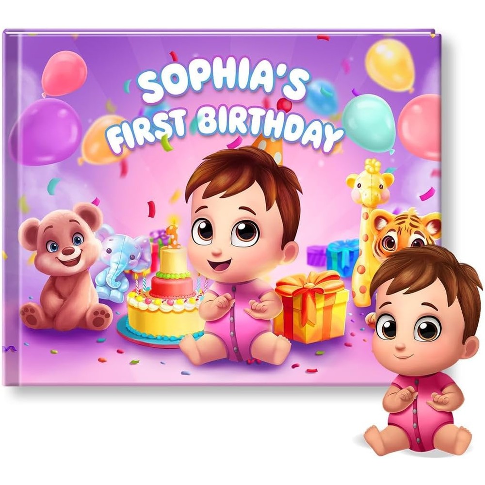 StoryBug personalized first birthday story book front view showing custom baby character and name print