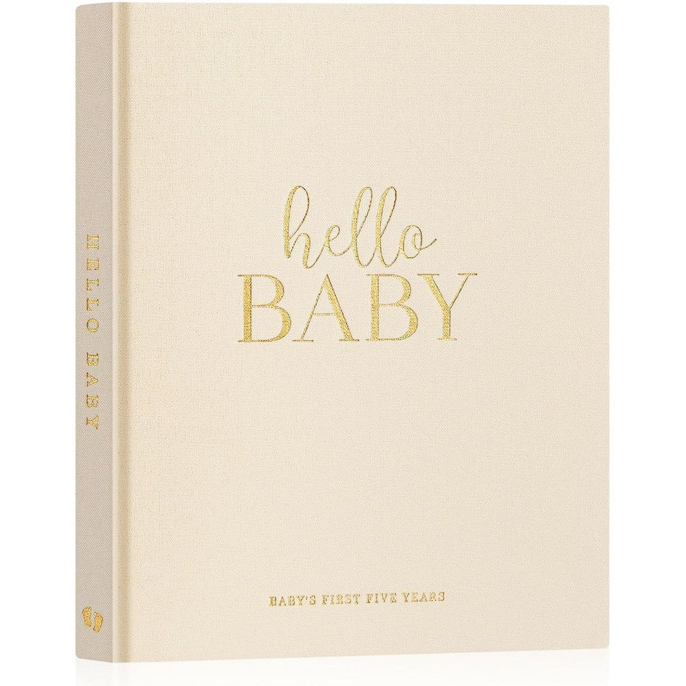 Lanpn Hello Baby First Five Year Memory Book front view showing elegant beige linen hardcover with gold foil lettering