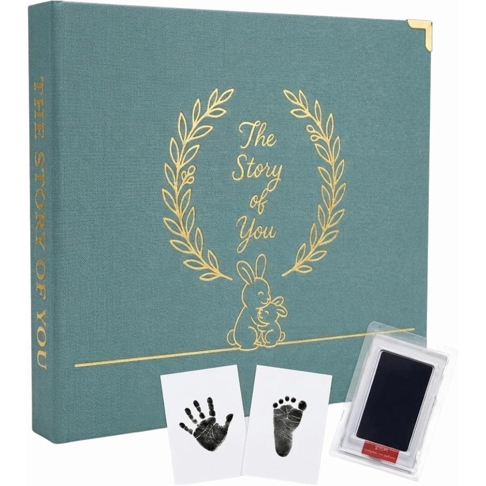 Lunamia Memories baby memory book in sage green front view showing elegant gold foil lettering