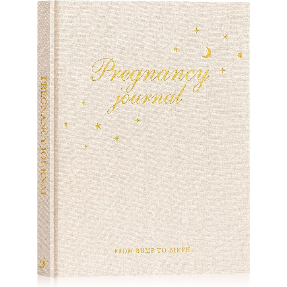 Lanpn My Pregnancy Journal Memory Book front view showing elegant beige linen hardcover with gold foil stamping.