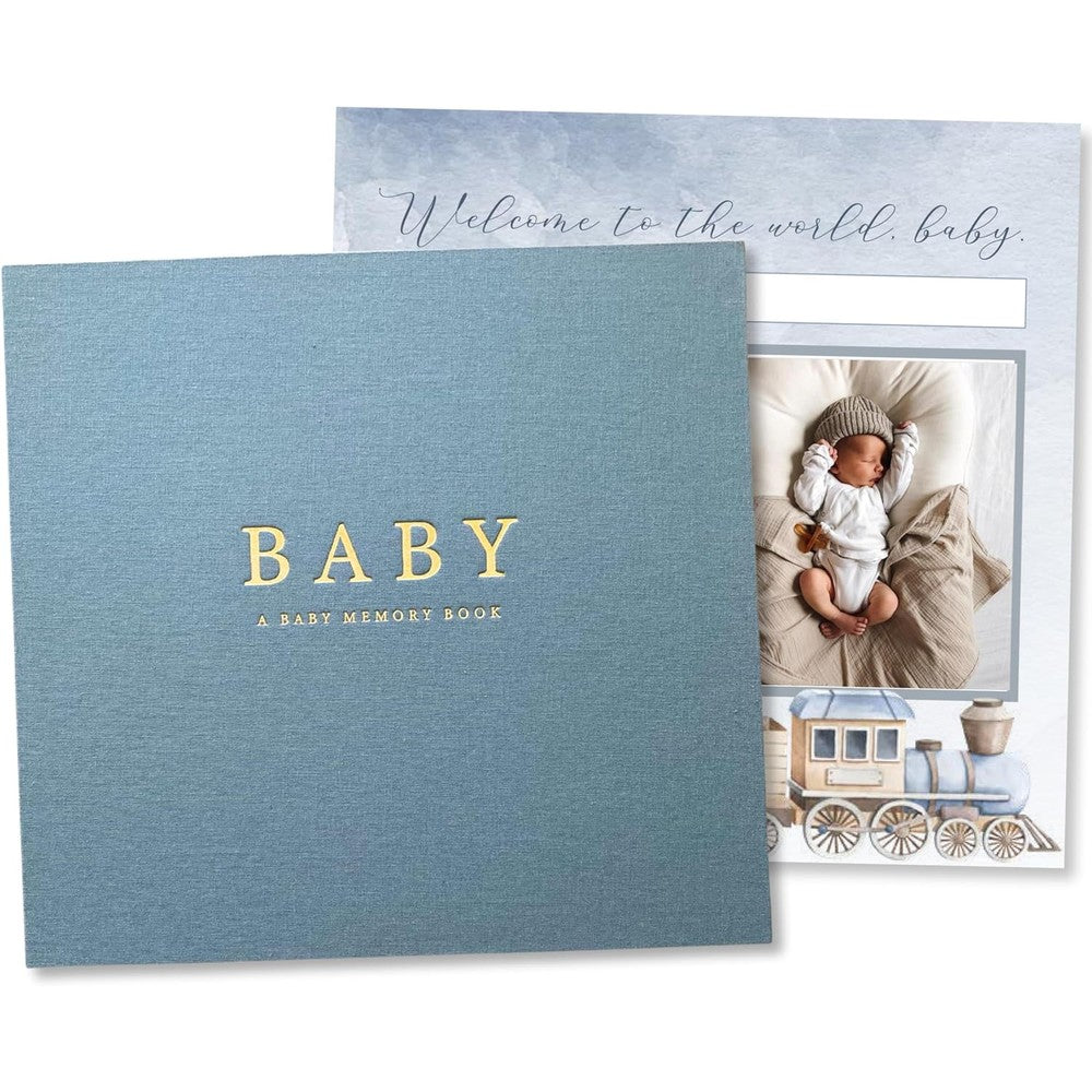 Peachly Baby Boy Memory Book Finn Blue front cover view showing premium grey linen texture with gold debossed artwork