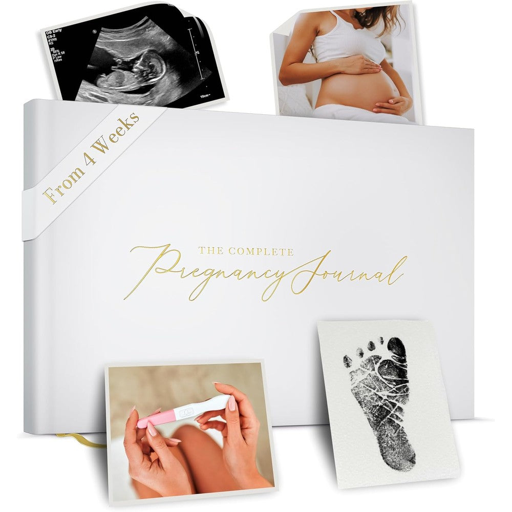 Bibi and Beau complete pregnancy journal and memory book front view showing elegant white hardcover with gold embossed lettering.
