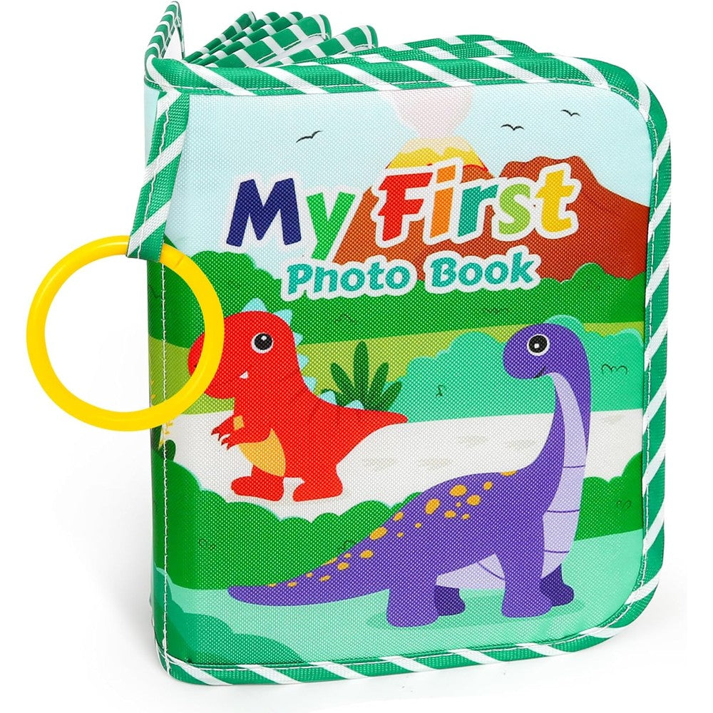 GKDOMS baby photo album front view showing the green dinosaur cloth cover and yellow stroller hook.