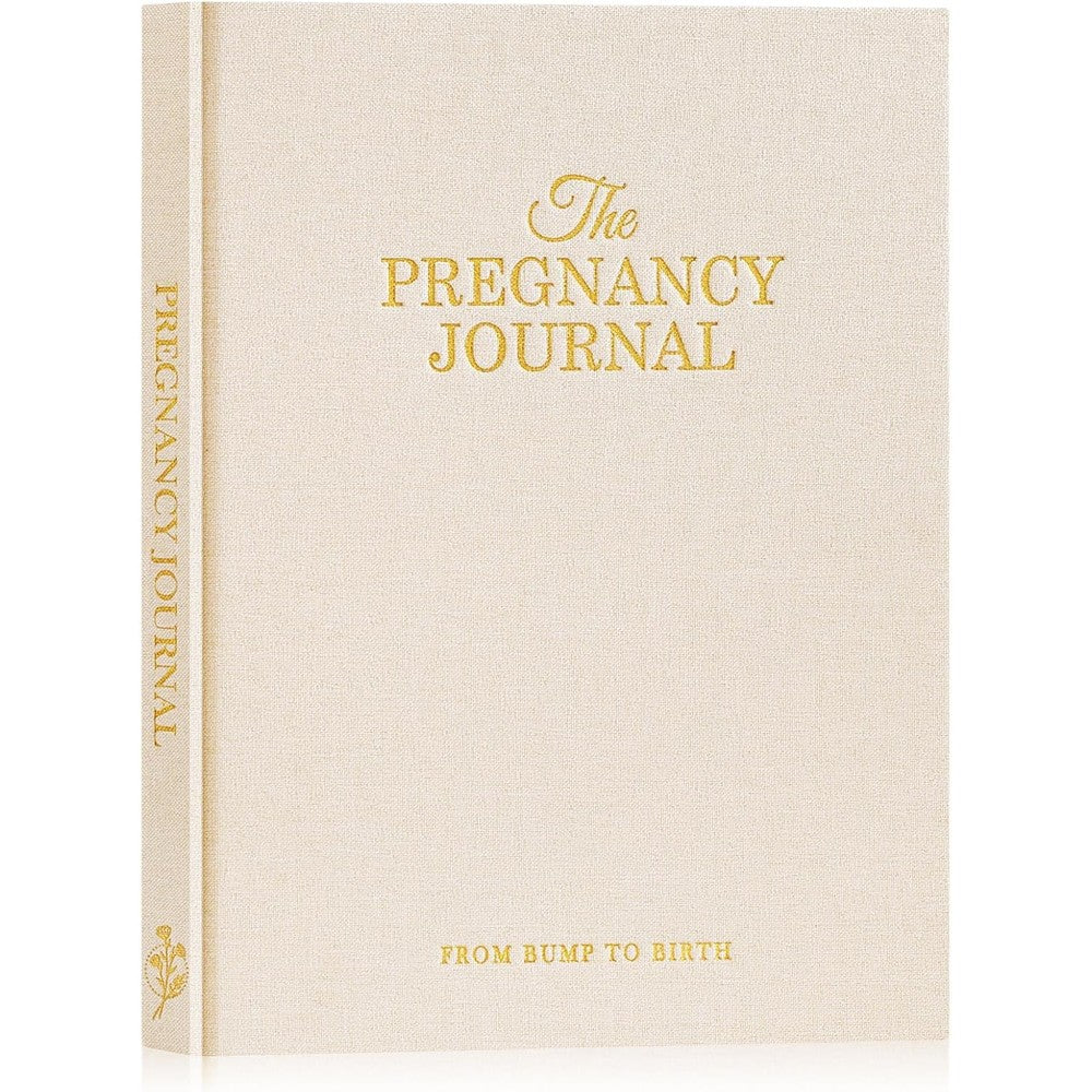 Lanpn My Pregnancy Journal Memory Book front view showing beige linen hardcover with gold foil text