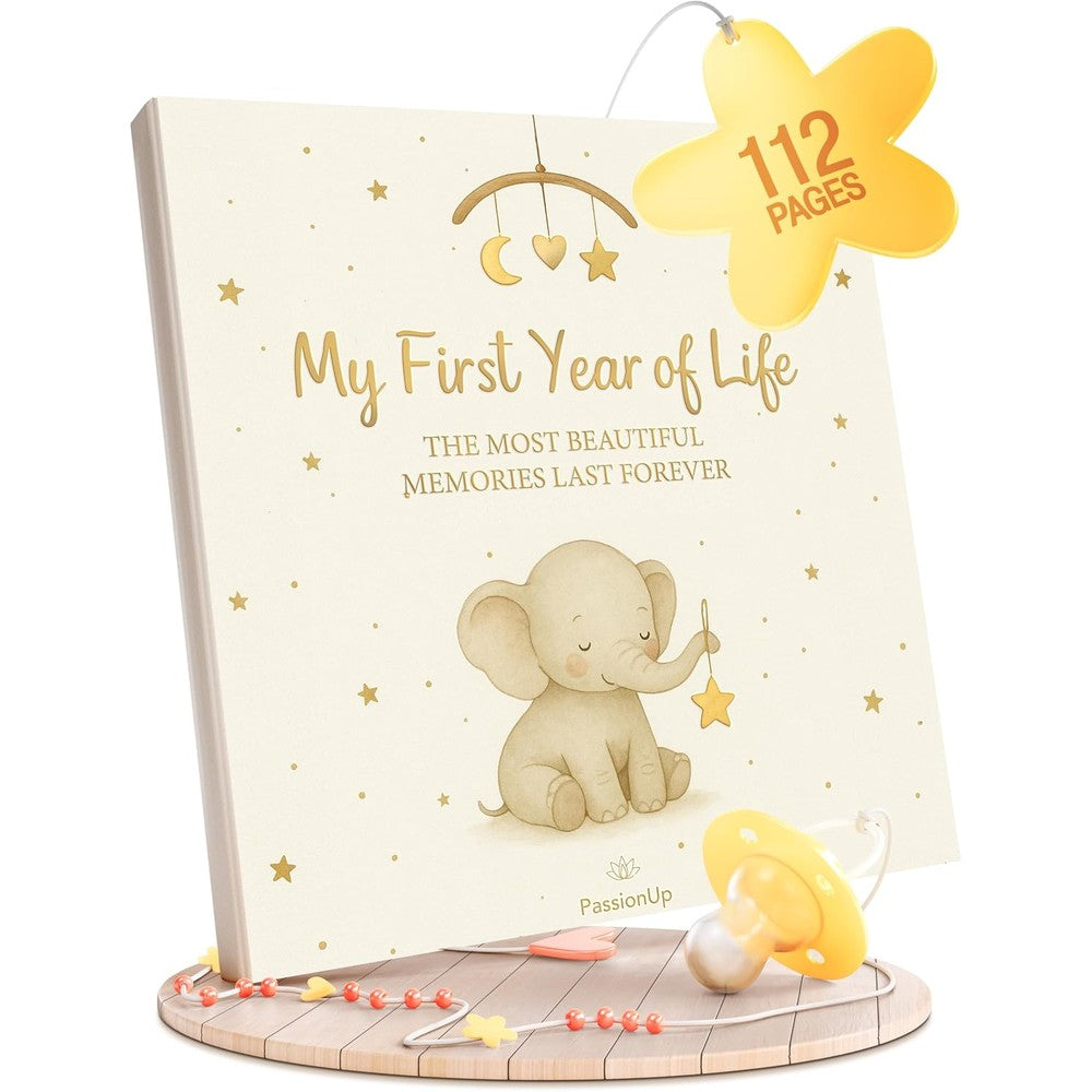 PassionUp Baby Memory Book elegant beige front view showing gold-embossed hardcover title