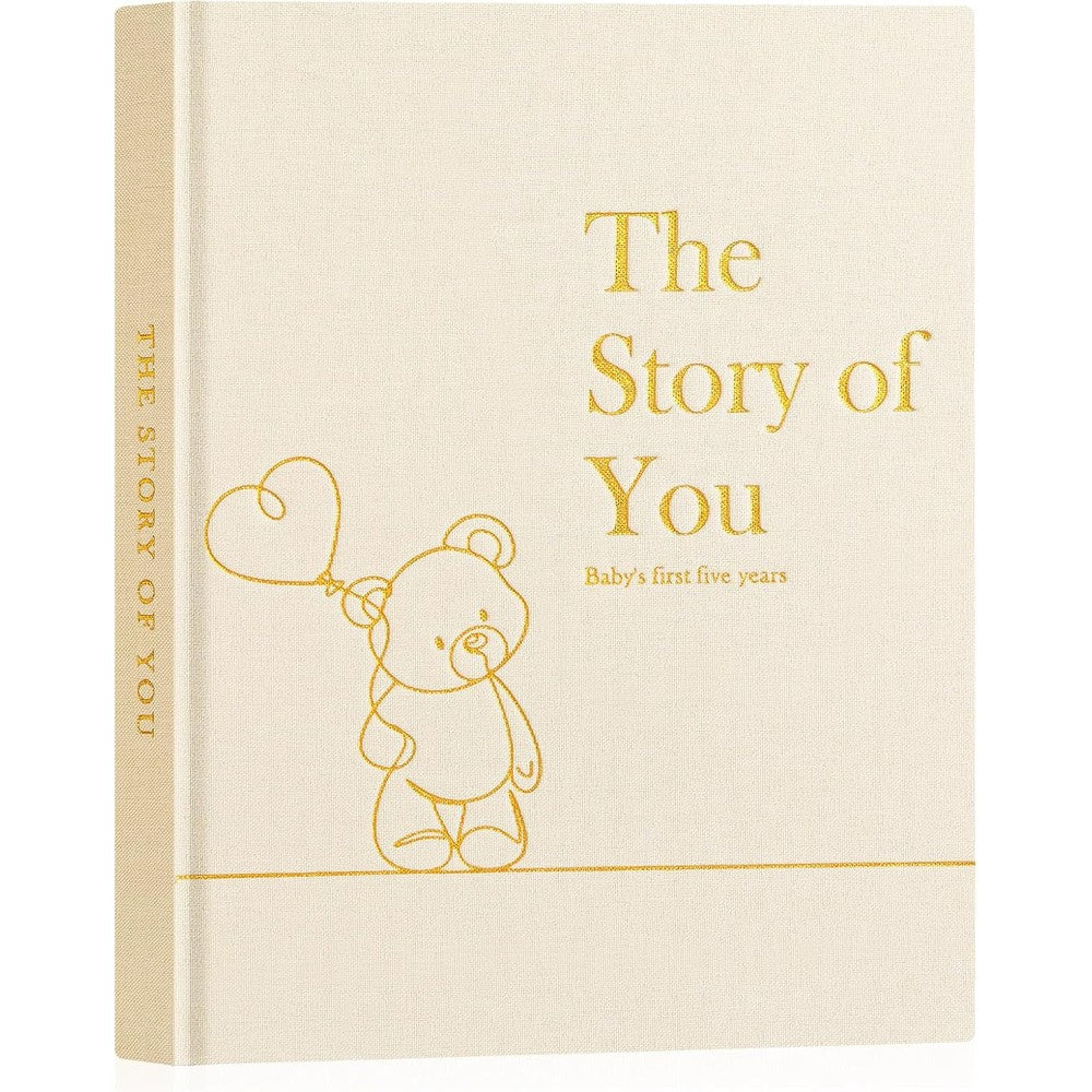 Lanpn baby memory book front view showing beige linen cover with gold foil teddy bear