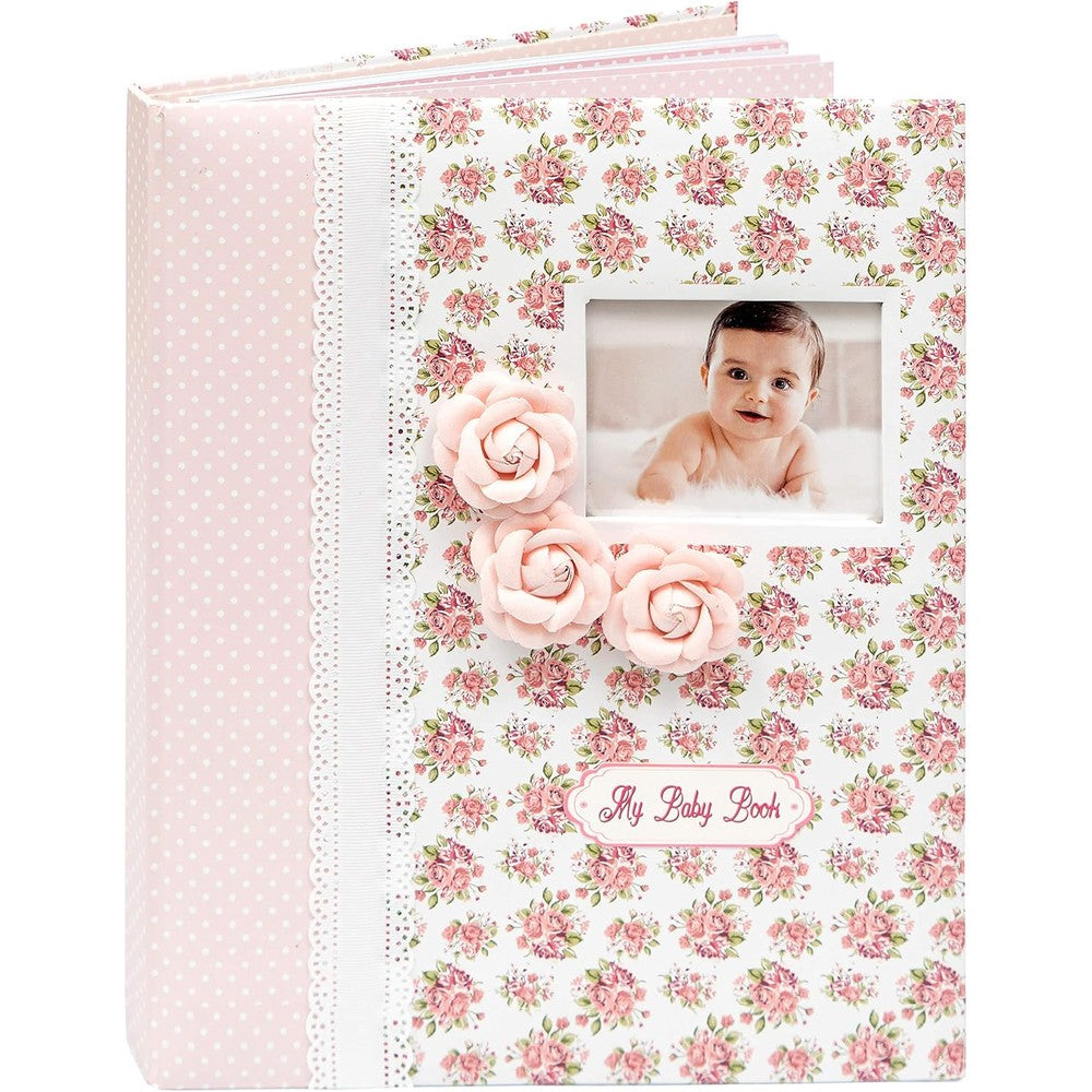 Liplut baby book keepsake for girls front view showing pink floral cover with 3D flowers